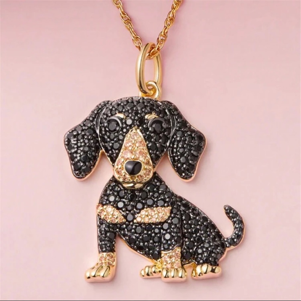 Elegant Black and Gold Dachshund Pendant, Cubic Zirconia Dachshund Necklace